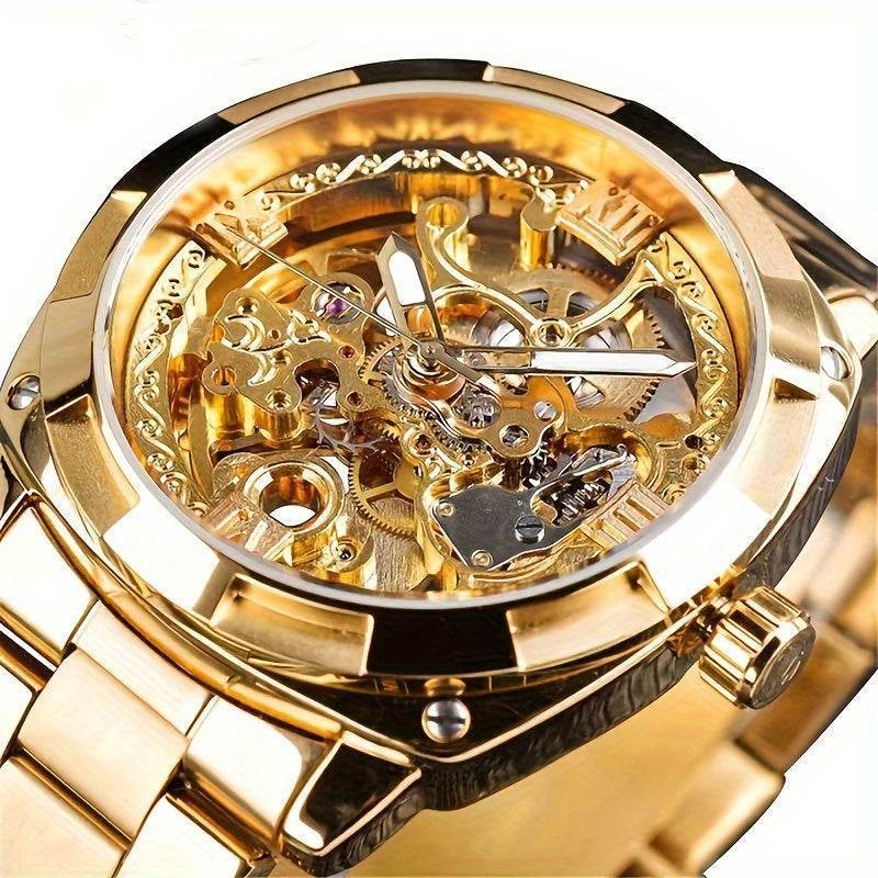 1pc Fashionable Men'S Skeleton Watch, Automatic Mechanical Movement, Water Resistant 30m, Round Alloy Case, Stainless Steel Band, Elegant Business Casual Style, High Aesthetic Value Golden Tone, 1091.102h - LA TendanceStore multi service