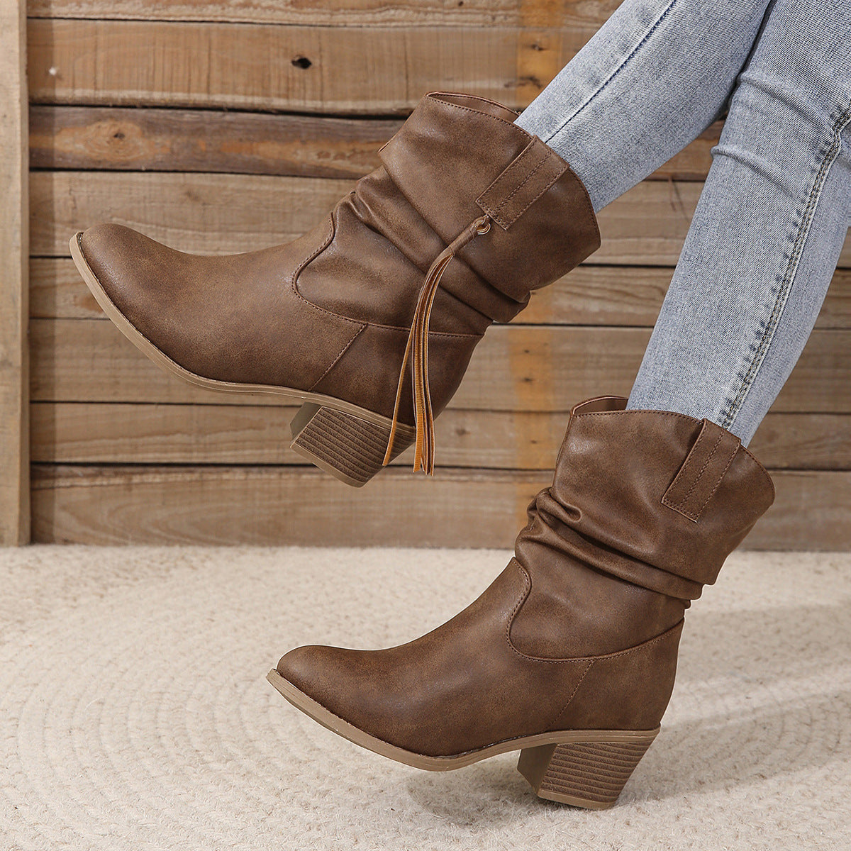 Bottes Rétro à Pompons, à Talon Carré Épais, Mi-mollet, Style Chevalier Western pour Femme