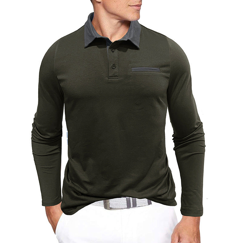 Men's cotton long-sleeved polo shirt, contrast collar, autumn and winter, European and American style