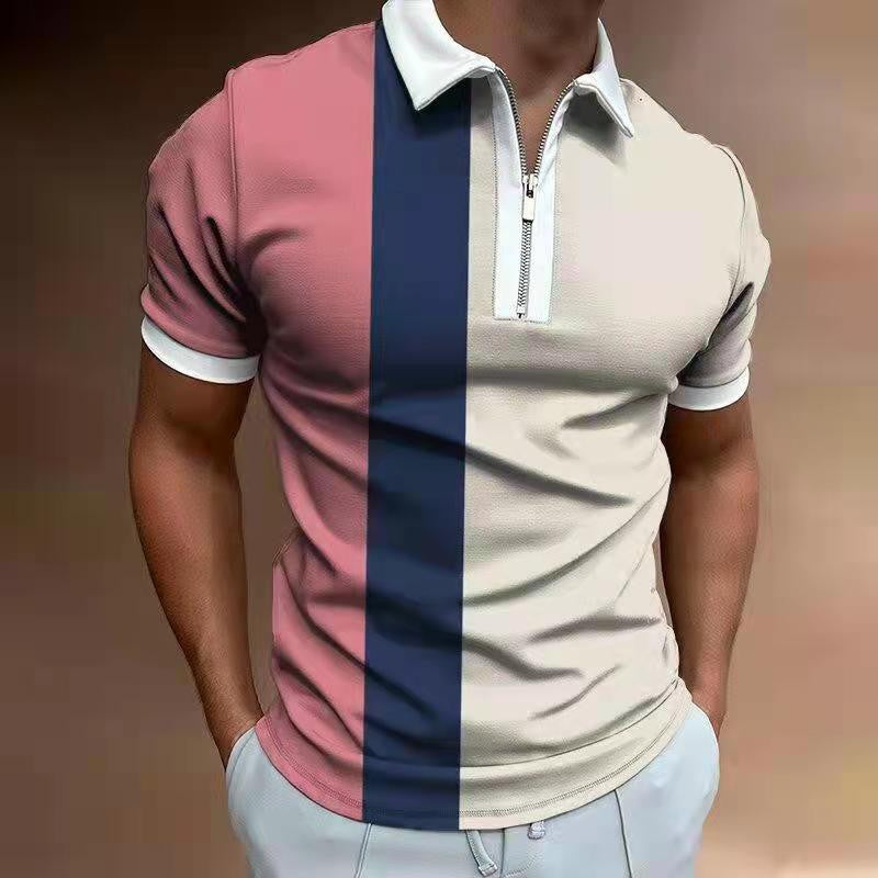 Men's Striped Printed Short Sleeve POLO T-Shirt with Lapel Collar