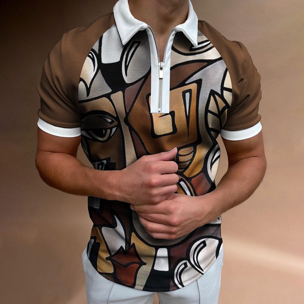 Men's Striped Printed Short Sleeve POLO T-Shirt with Lapel Collar