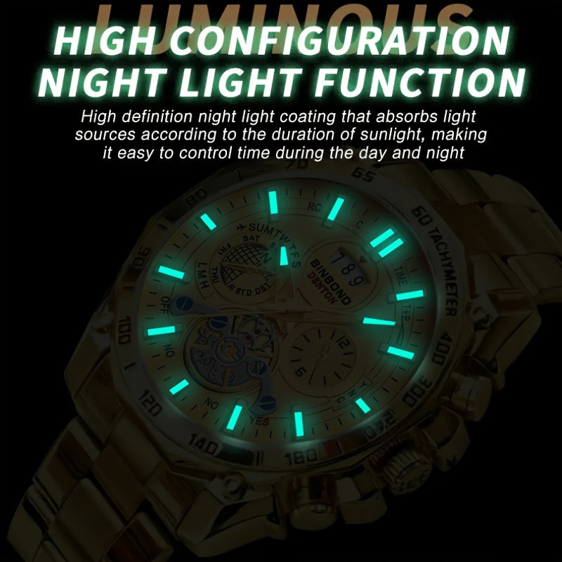 [Stainless Steel Band Casual Watch] Men'S Casual Business Date Night Light Quartz Watch, Stainless Steel Band, Alloy Case, Non-Wireless, Non-Rechargeable Battery, Button Battery (Diameter < 20mm)