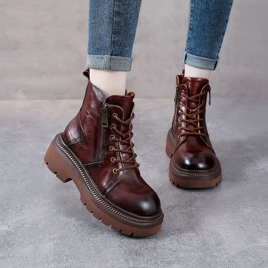 Bottes Martin pour femmes, en cuir de première couche, avec fermeture éclair et rembourrage en coton