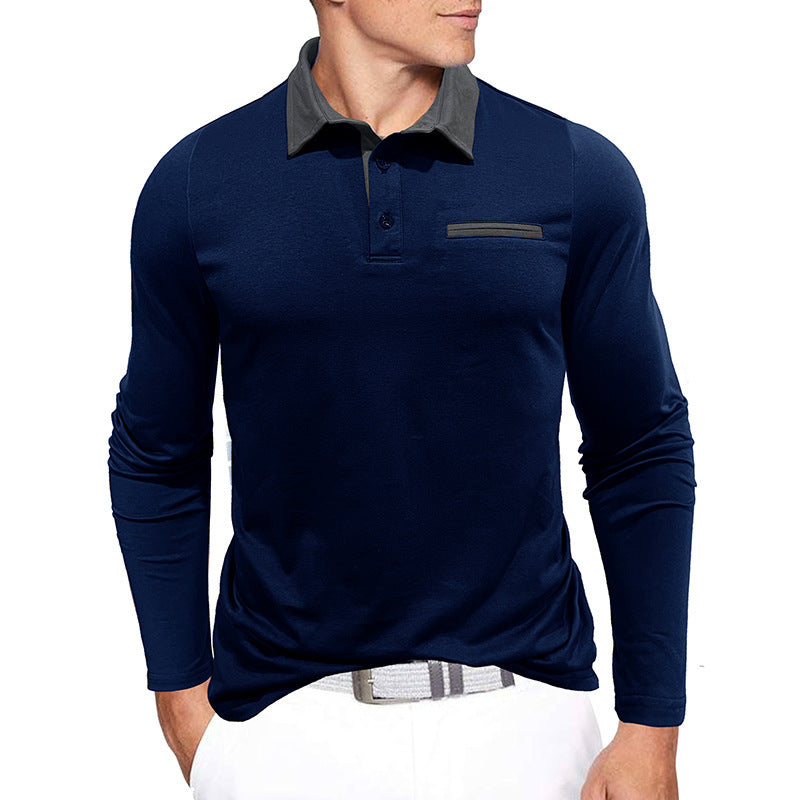 Men's cotton long-sleeved polo shirt, contrast collar, autumn and winter, European and American style