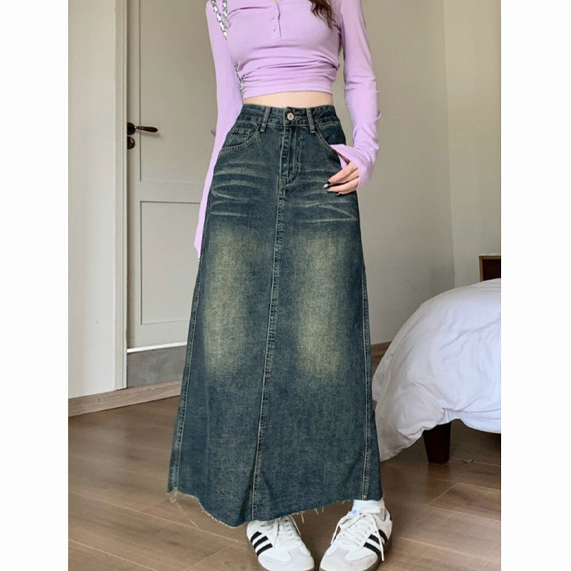 Retro High Waisted Denim Skirt with Raw Hem