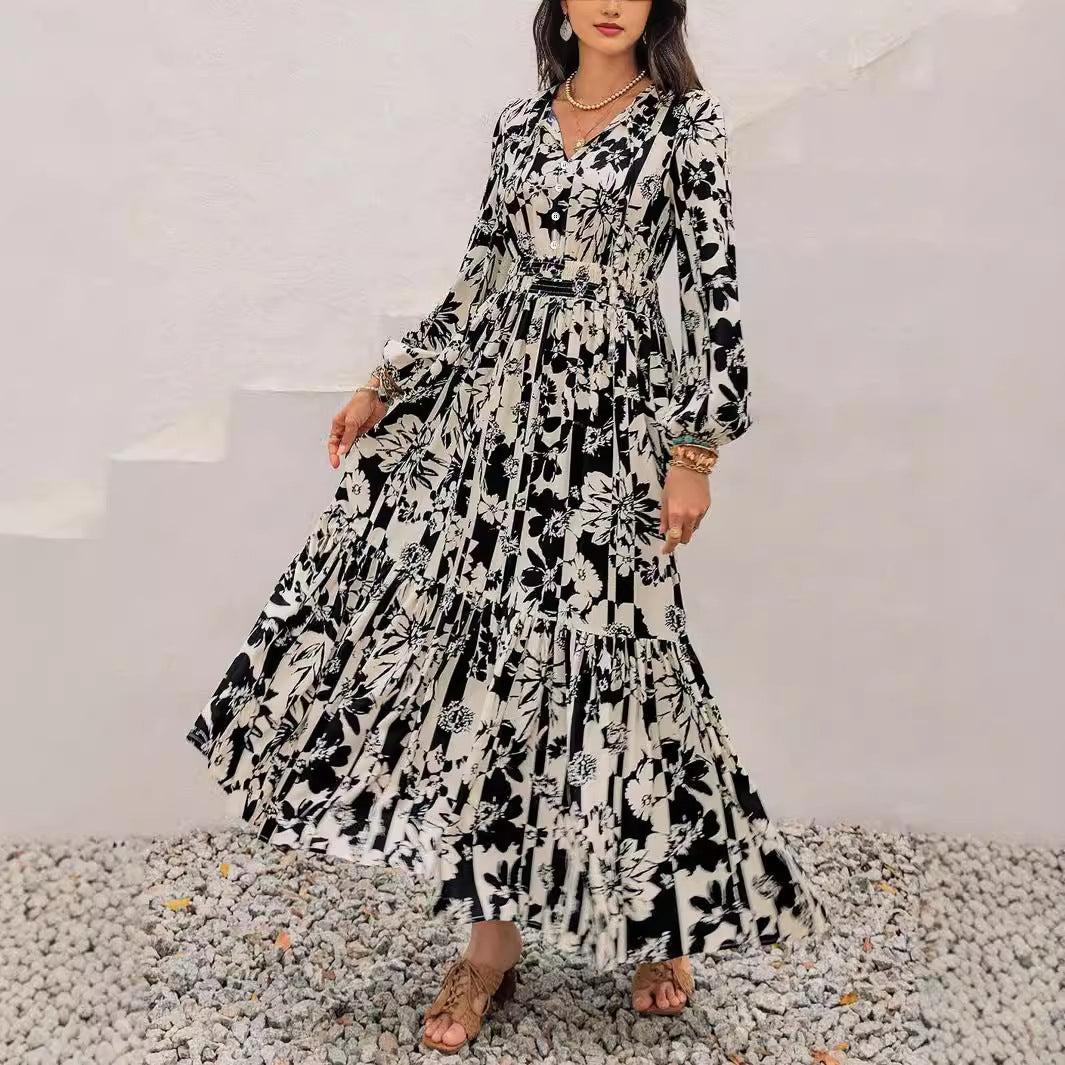 Robe imprimée à manches lanternes pour le printemps et l'automne