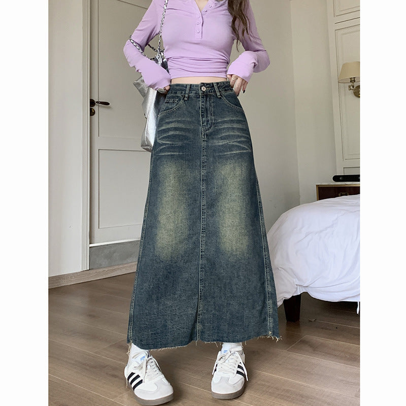 Retro High Waisted Denim Skirt with Raw Hem