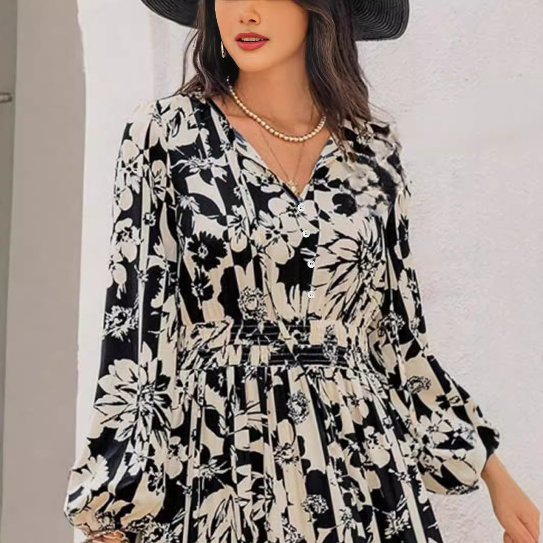 Robe imprimée à manches lanternes pour le printemps et l'automne