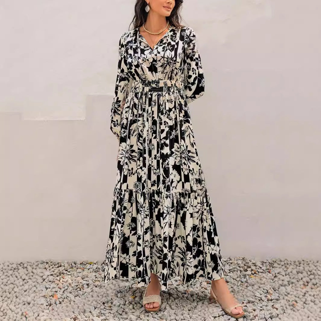 Robe imprimée à manches lanternes pour le printemps et l'automne