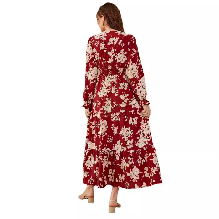 Robe moulante à manches longues pour femmes, avec col en V et jupe à volants