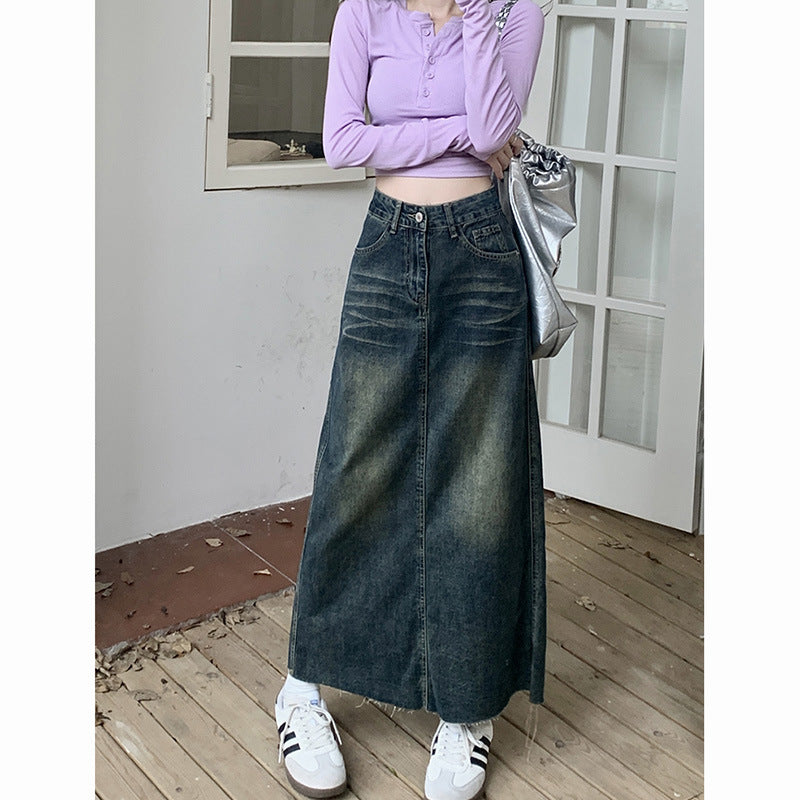 Retro High Waisted Denim Skirt with Raw Hem