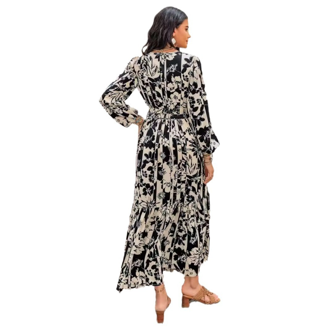 Robe imprimée à manches lanternes pour le printemps et l'automne