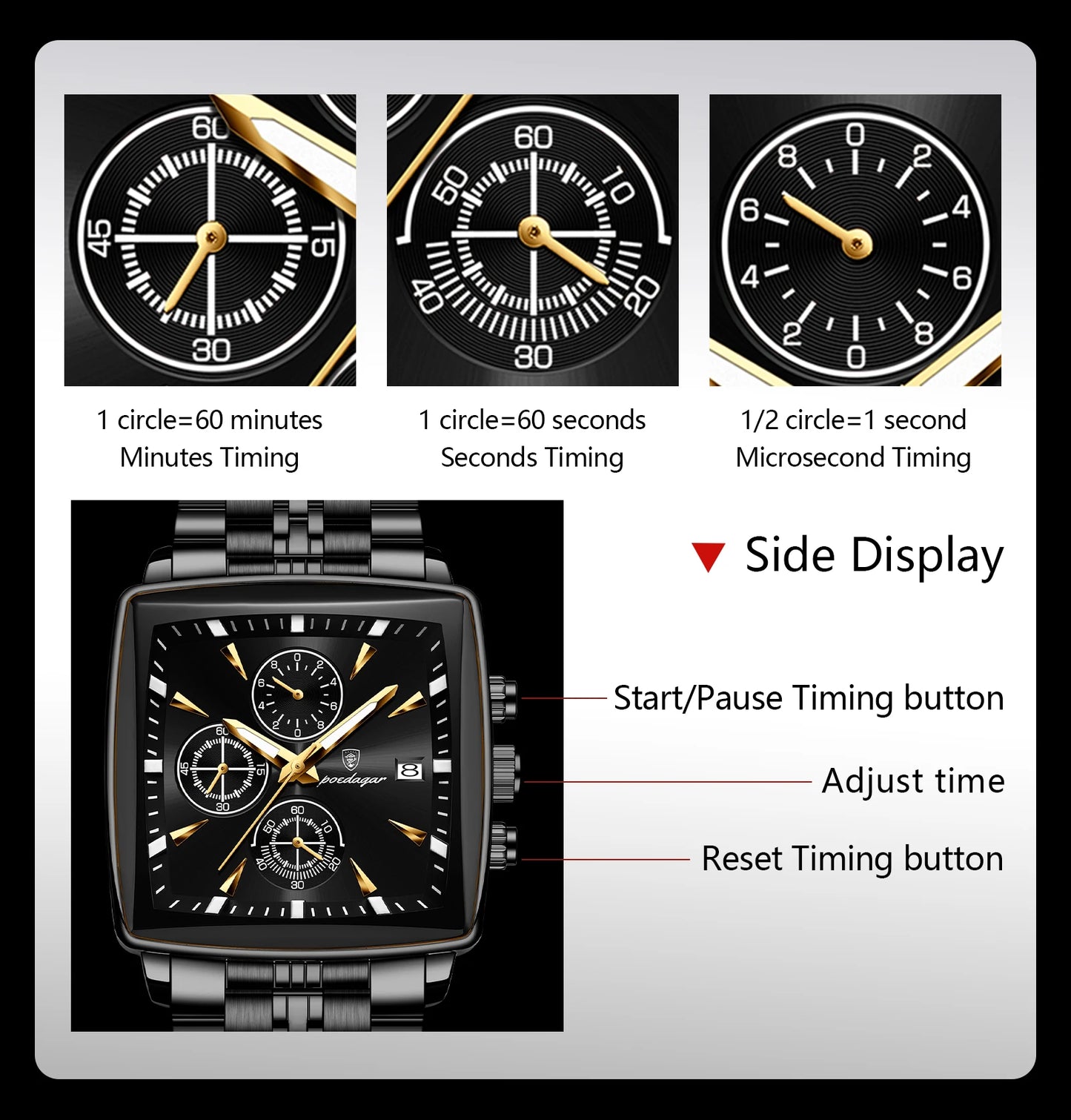 POEDAGAR-Men's Quartz Watch Stainless Steel Waterproof Clock Shoous Calendar Chronograph Square Business Watch