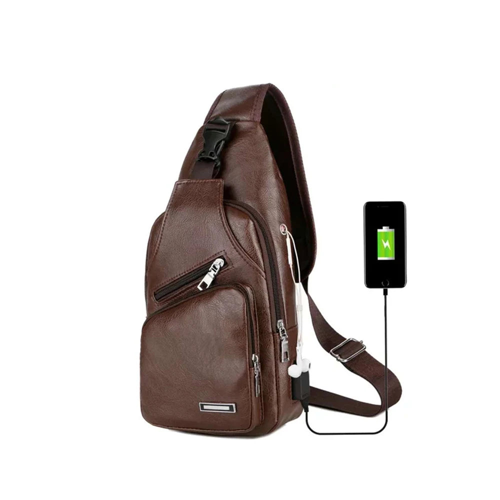 Simple and Fashion Casual Solid Document Shoulder Bag PU Multifunctional USB Charging Zipper Chest Bag