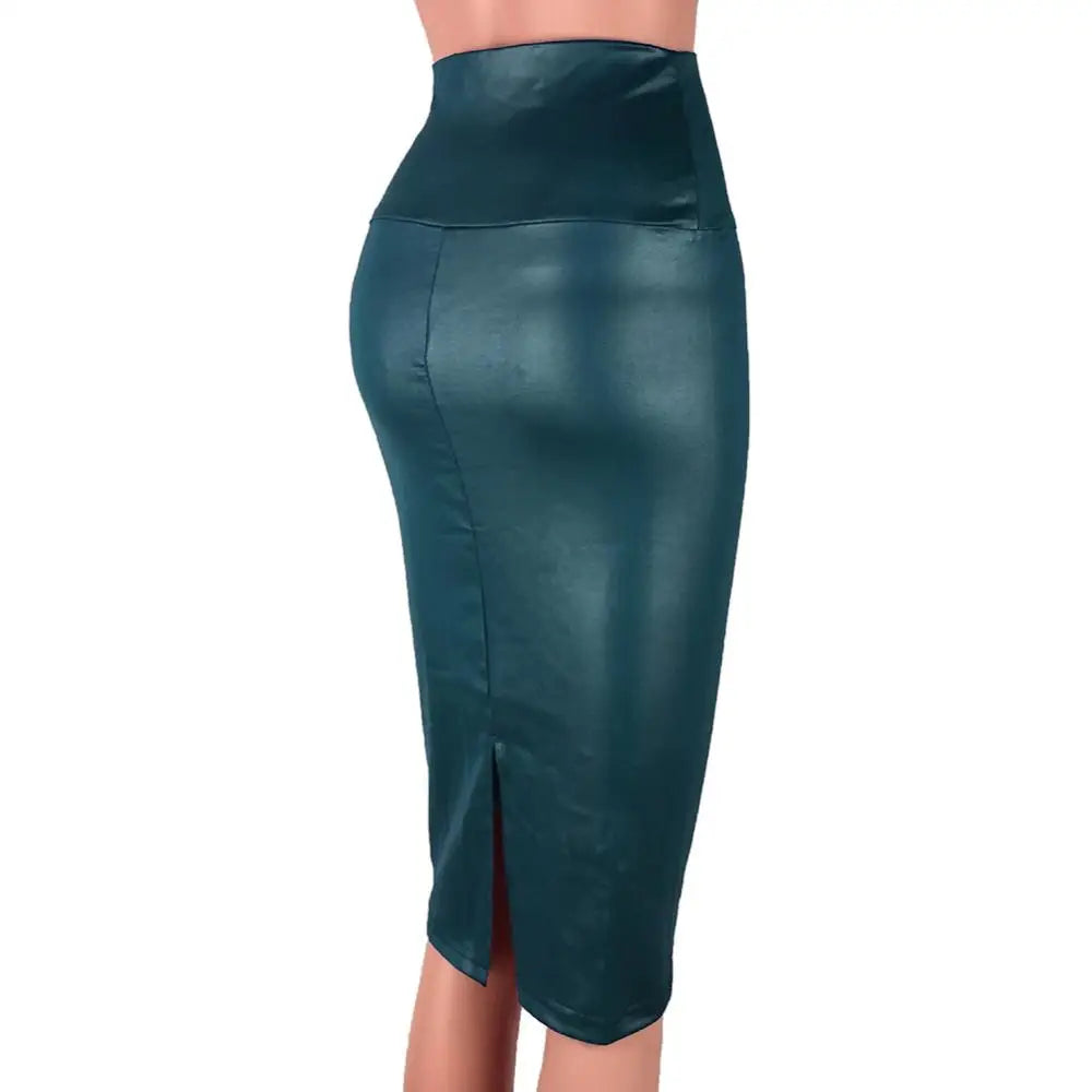 Women's Elegant and Fashionable High Waist Split Knee Length Faux Leather Bodycon Pencil Skirt