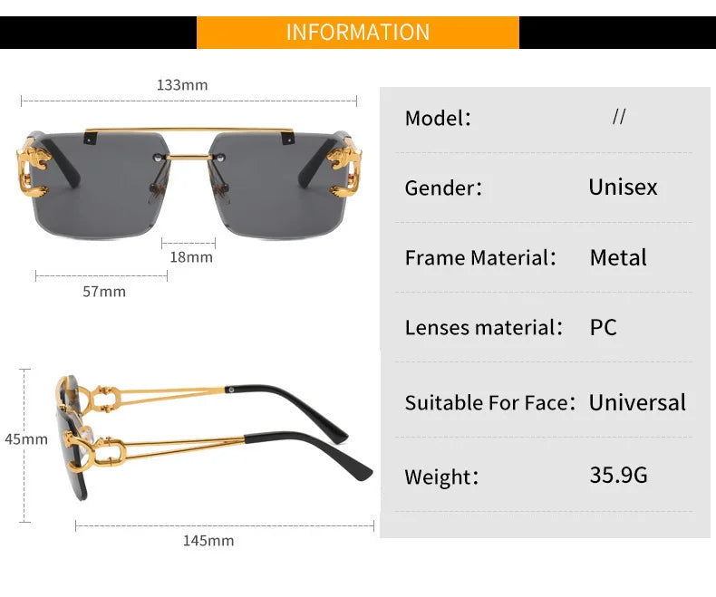 Lunettes de soleil carrées sans monture pour hommes et femmes, lunettes de soleil vintage, miroir rétro, marque de créateur, mode masculine et féminine, luxe