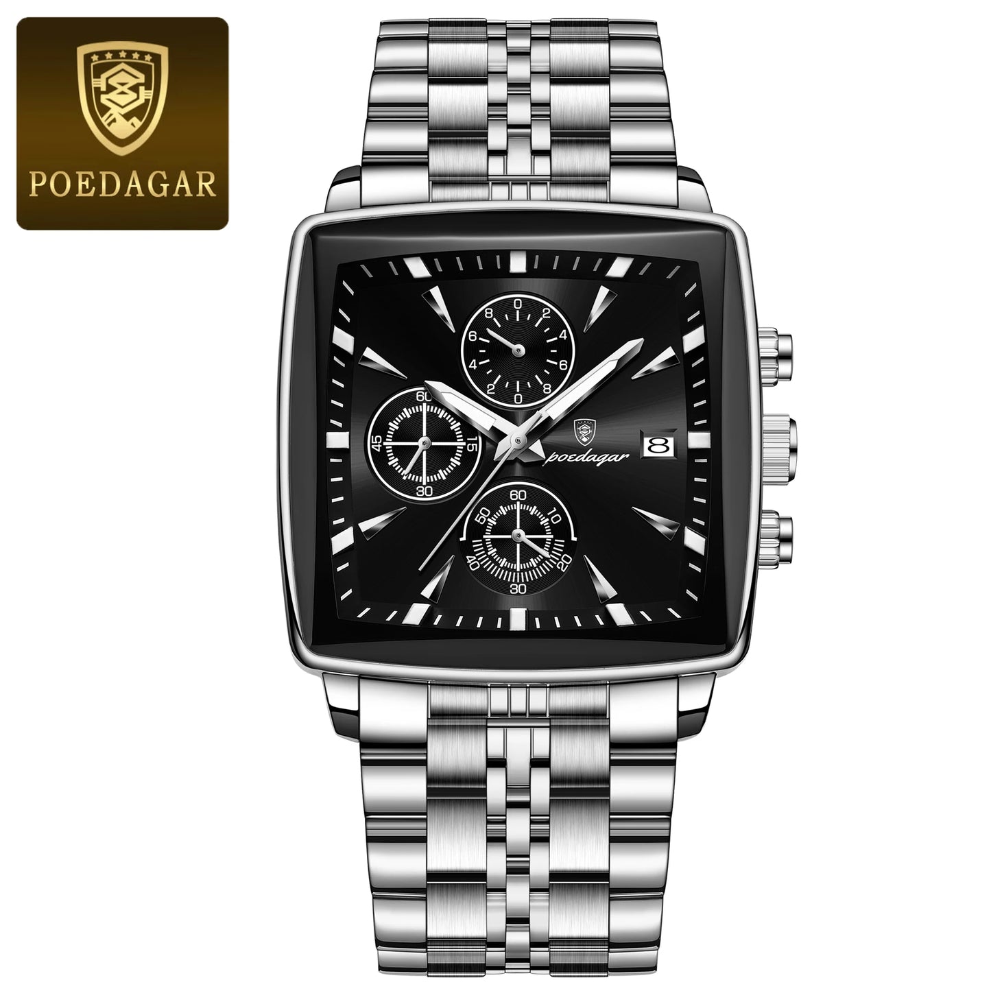 POEDAGAR-Men's Quartz Watch Stainless Steel Waterproof Clock Shoous Calendar Chronograph Square Business Watch