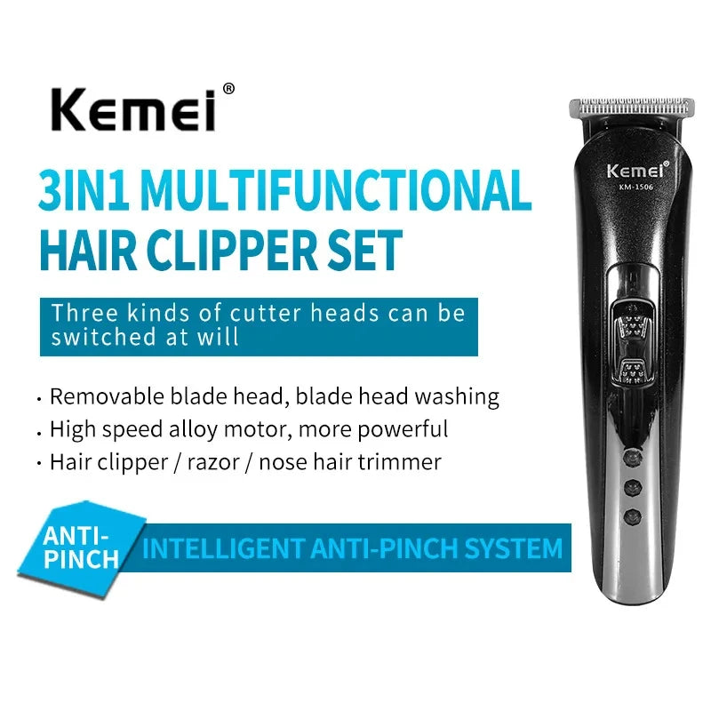 Kemei KM-1506 3 in 1 Electric Shaver USB Rechargeable Hair Clipper Professional Nose Hair Trimmer