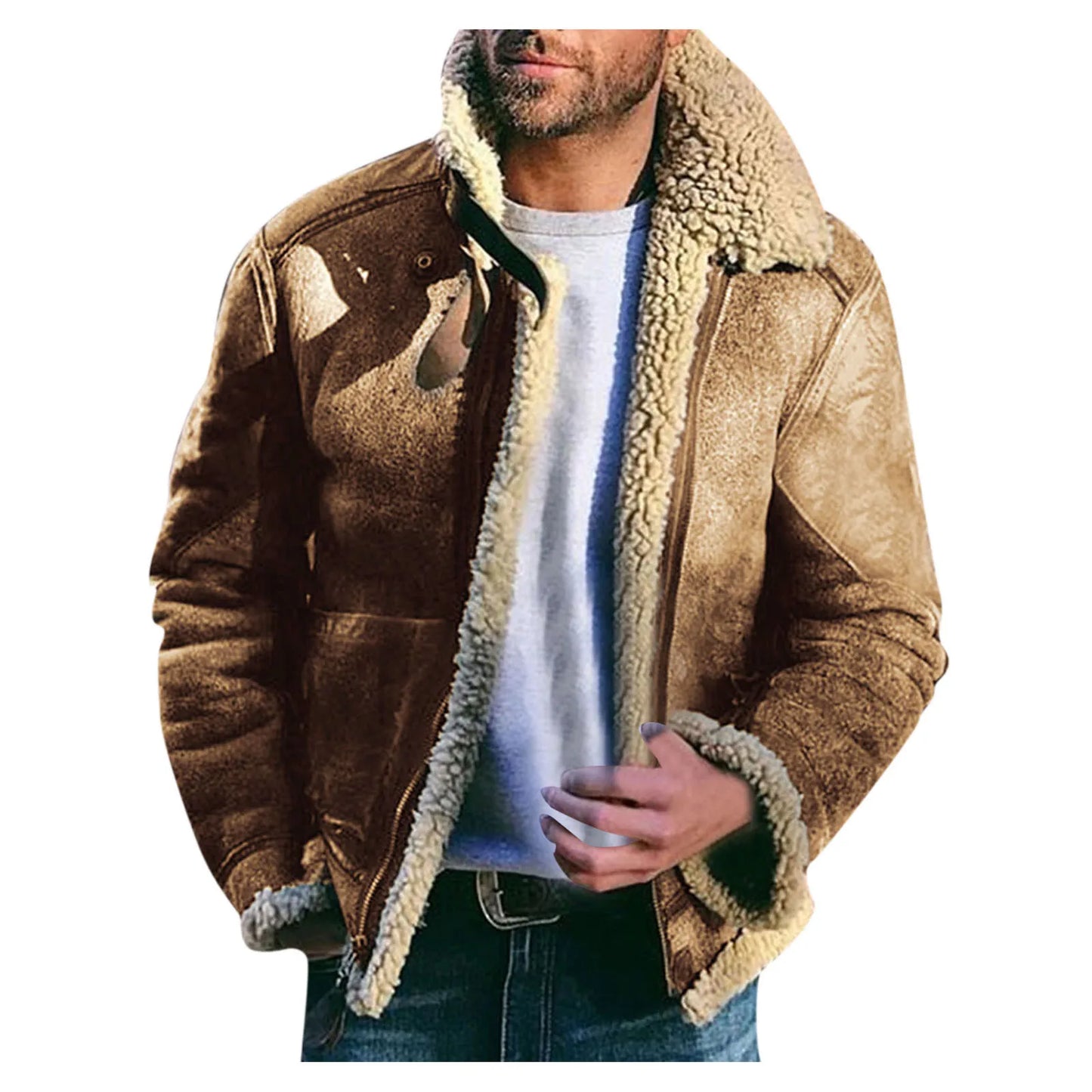 Veste en peluche décontractée pour homme avec poches, manteau en laine, manches longues, col rabattu, fermeture éclair document, solide, chaud