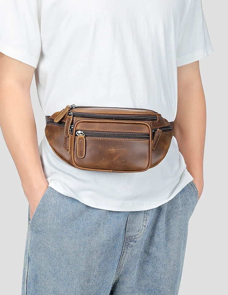 WESTAL Horsehide Leather Belt Bags for Men, Phone Waist Bags, Men's Sports Waist Bag, Zipper Crossbody Bag, Men's Fanny Pack, 8879