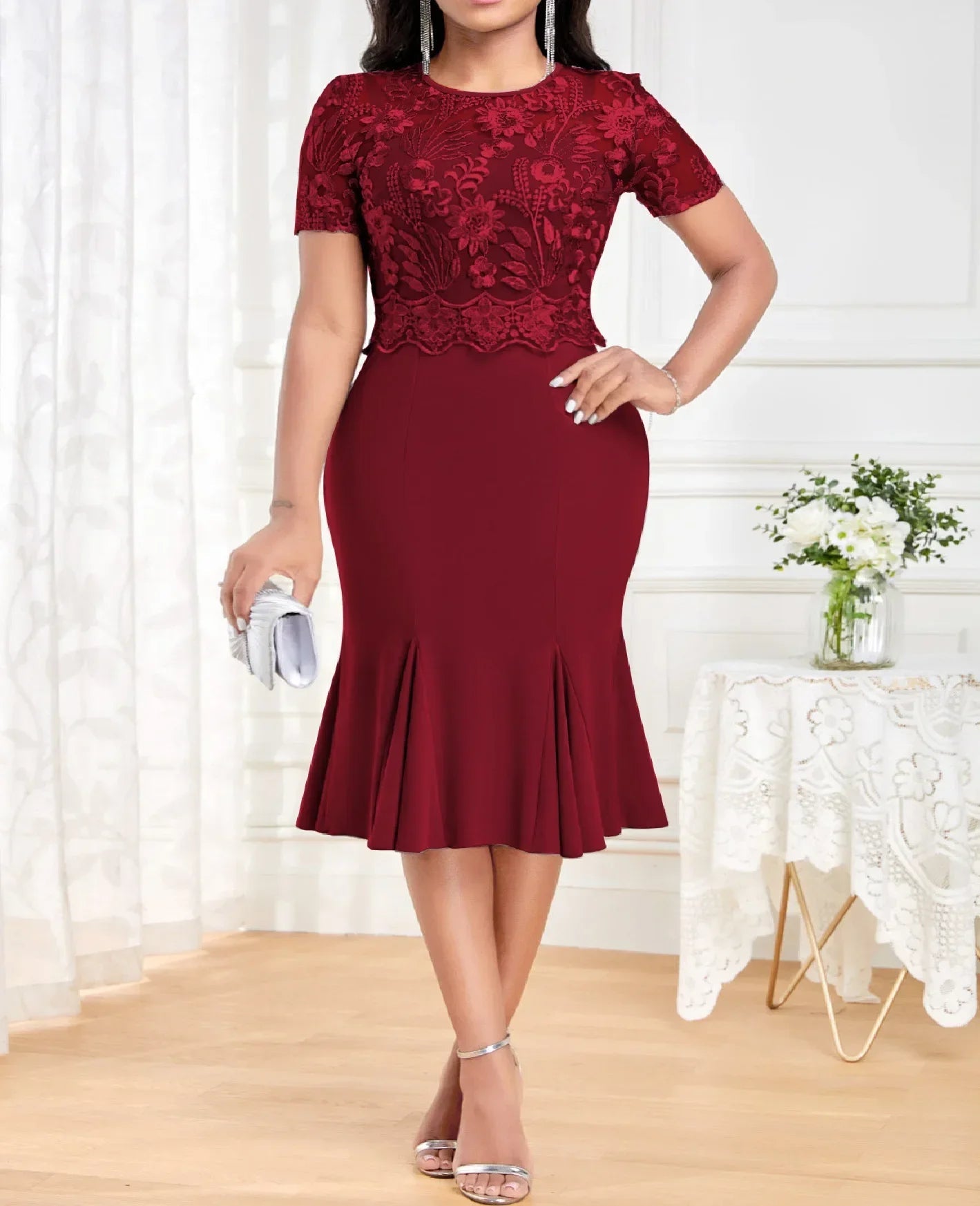 Robe sexy en queue de poisson pour femme, col rond, manches courtes, taille haute, épissure de dentelle, robe de soirée élégante, mode automne LA TendanceStore multi service