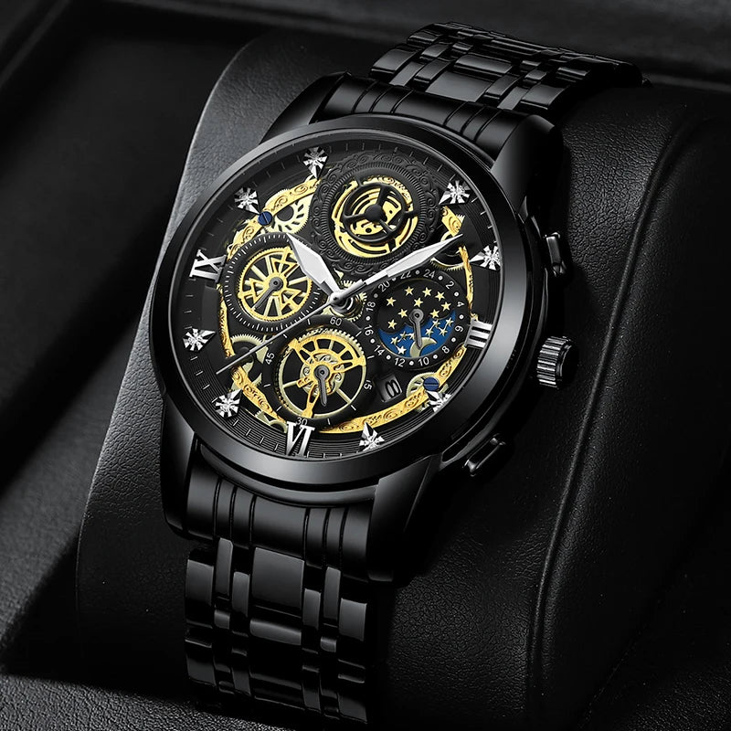 Waterproof quartz watch with stainless steel strap