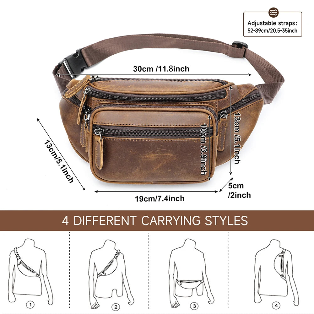 WESTAL Horsehide Leather Belt Bags for Men, Phone Waist Bags, Men's Sports Waist Bag, Zipper Crossbody Bag, Men's Fanny Pack, 8879