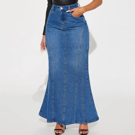 Jupe longue en jean pour femme, couleur unie, ligne A, extensible, décontractée, poche, fermeture éclair, vintage, taille haute, streetwear, 2024 LA TendanceStore multi service