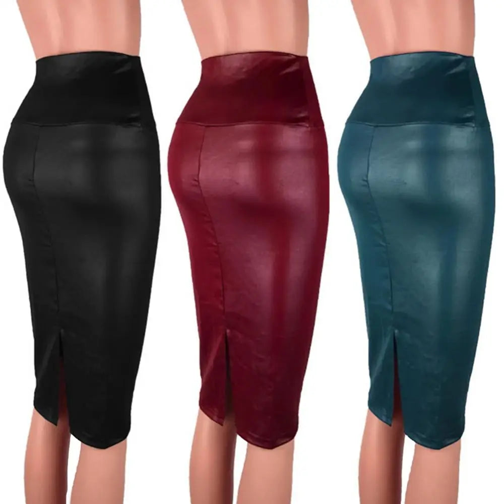 Women's Elegant and Fashionable High Waist Split Knee Length Faux Leather Bodycon Pencil Skirt