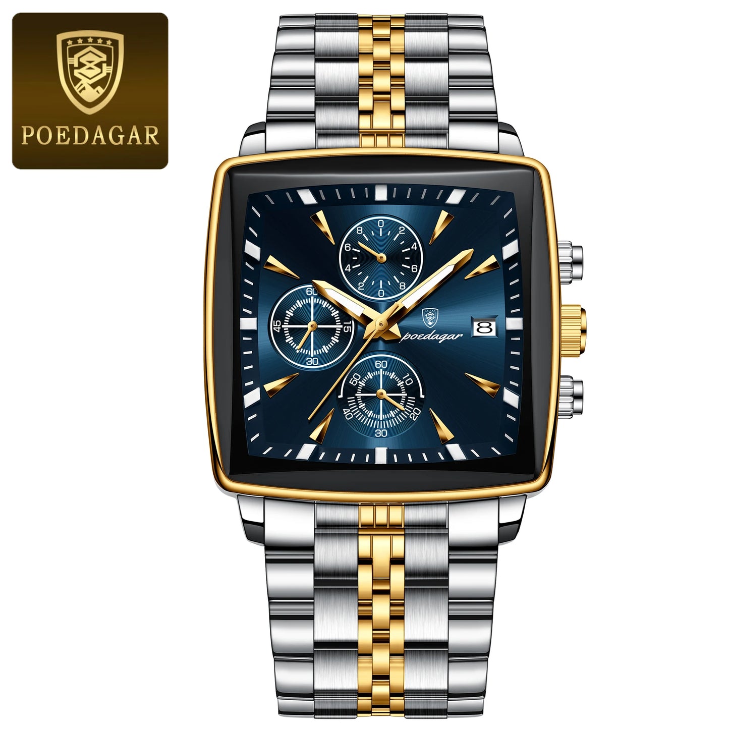 POEDAGAR-Men's Quartz Watch Stainless Steel Waterproof Clock Shoous Calendar Chronograph Square Business Watch