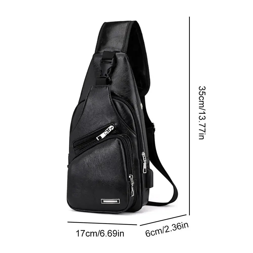 Simple and Fashion Casual Solid Document Shoulder Bag PU Multifunctional USB Charging Zipper Chest Bag