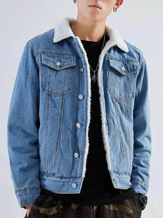 Vestes en Jean pour Hommes - Manteaux à Col Rabattu, Manches Longues, Épaisses, à Boutonnage Simple avec Laine d'Agneau, Ouverture Casual LA TendanceStore multi service