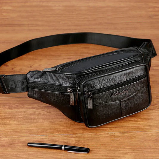 2024 New Men's Premium Leather Fanny Pack Designer Running Fitness Belt Phone Pouch Male Crossbody Chest Bag