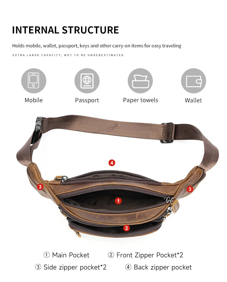 WESTAL Horsehide Leather Belt Bags for Men, Phone Waist Bags, Men's Sports Waist Bag, Zipper Crossbody Bag, Men's Fanny Pack, 8879