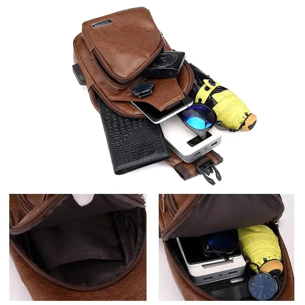 Simple and Fashion Casual Solid Document Shoulder Bag PU Multifunctional USB Charging Zipper Chest Bag