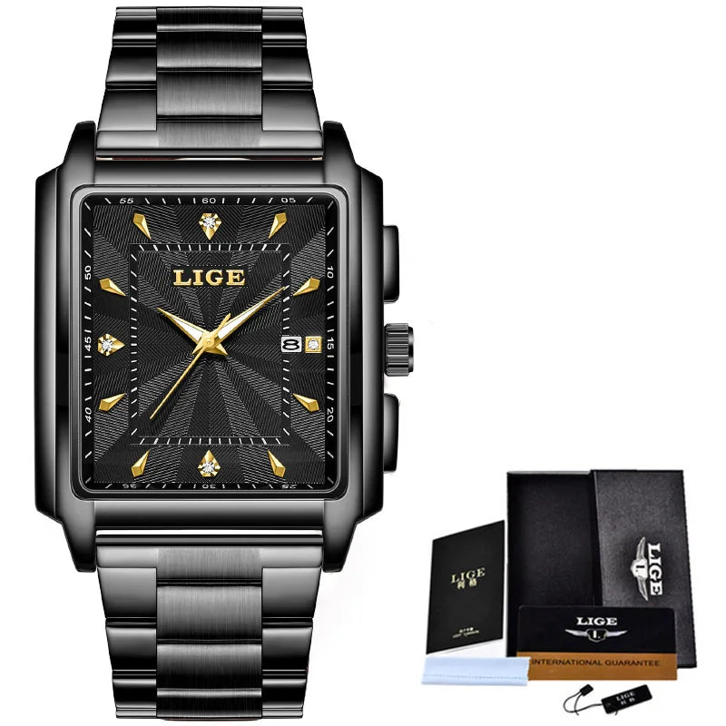 Montre à Quartz Dorée LIGE pour Hommes - Carrée, de Luxe, avec Bracelet en Acier Inoxydable LA TendanceStore multi service