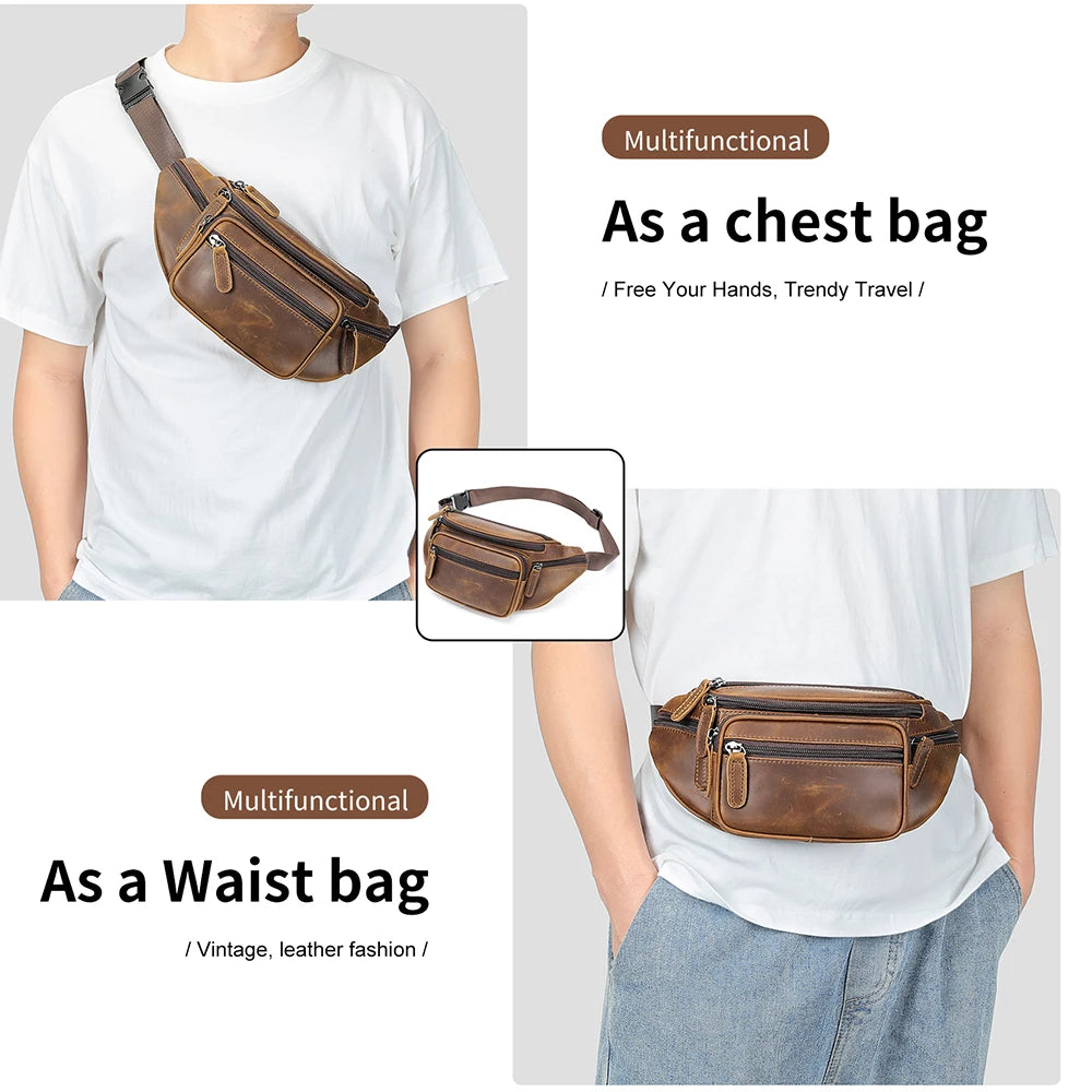 WESTAL Horsehide Leather Belt Bags for Men, Phone Waist Bags, Men's Sports Waist Bag, Zipper Crossbody Bag, Men's Fanny Pack, 8879