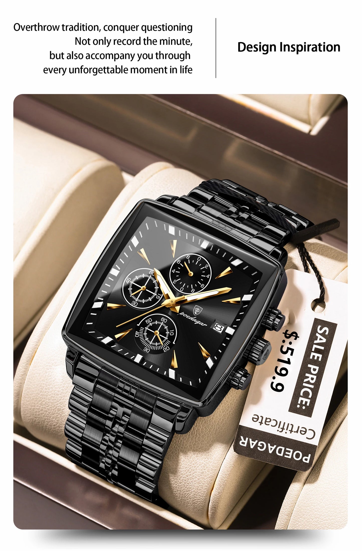 POEDAGAR-Men's Quartz Watch Stainless Steel Waterproof Clock Shoous Calendar Chronograph Square Business Watch