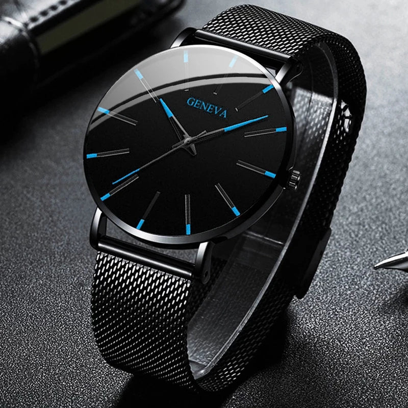 Montres d'affaires ultra-minces pour hommes, bracelet en maille d'acier, montre à quartz pour hommes.