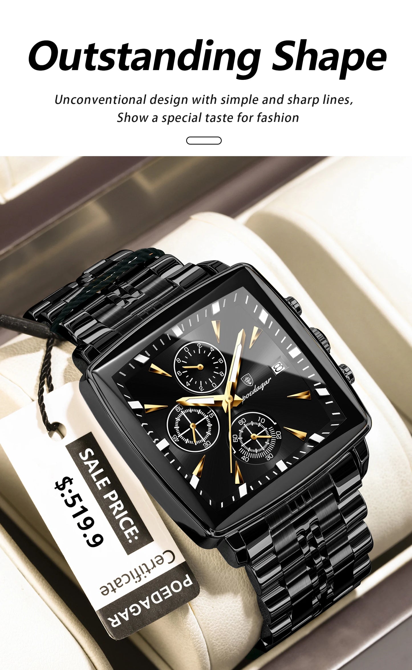 POEDAGAR-Men's Quartz Watch Stainless Steel Waterproof Clock Shoous Calendar Chronograph Square Business Watch