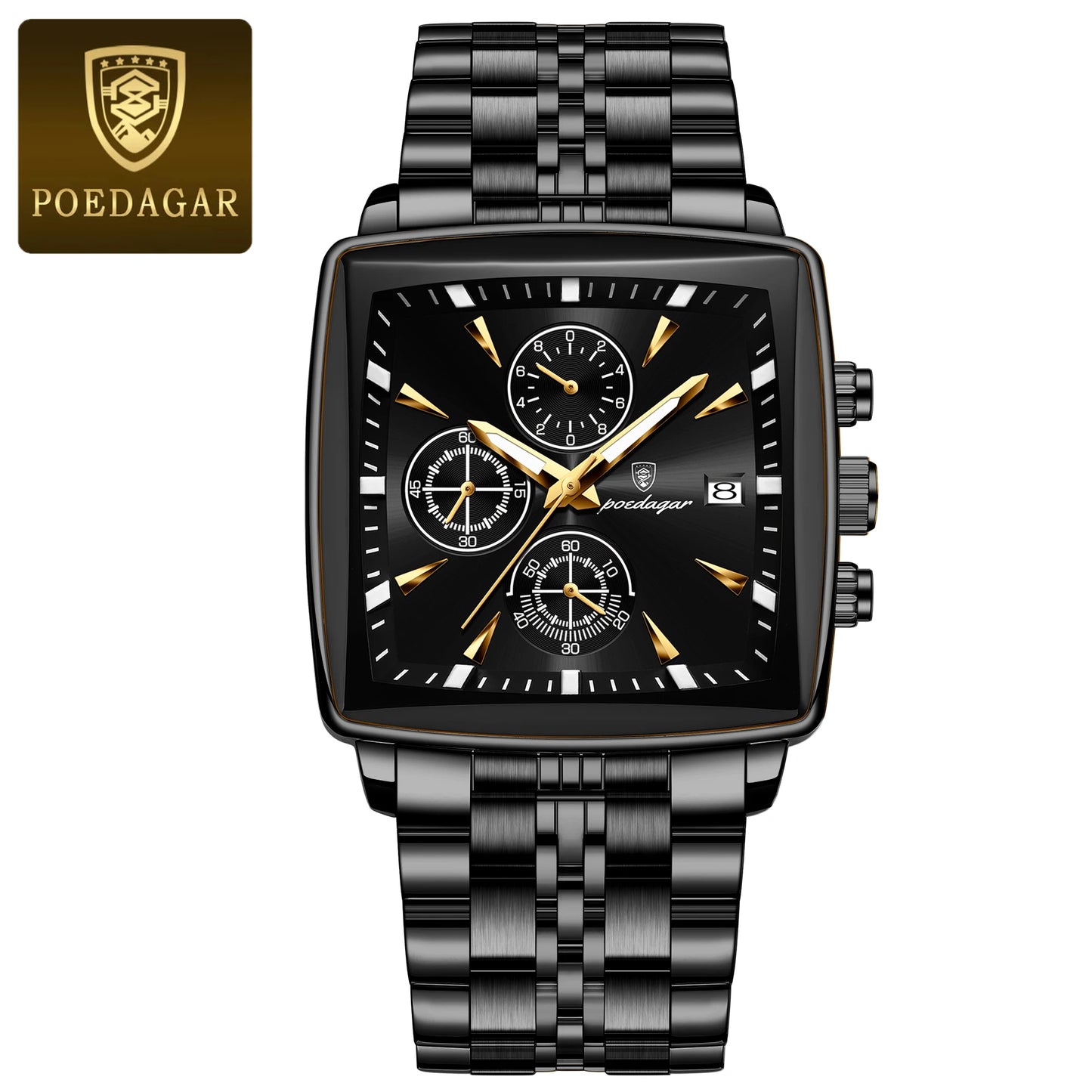 POEDAGAR-Men's Quartz Watch Stainless Steel Waterproof Clock Shoous Calendar Chronograph Square Business Watch