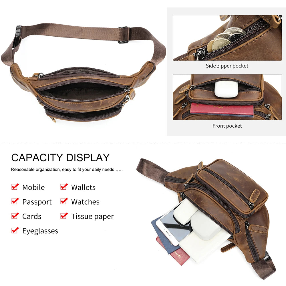 WESTAL Horsehide Leather Belt Bags for Men, Phone Waist Bags, Men's Sports Waist Bag, Zipper Crossbody Bag, Men's Fanny Pack, 8879