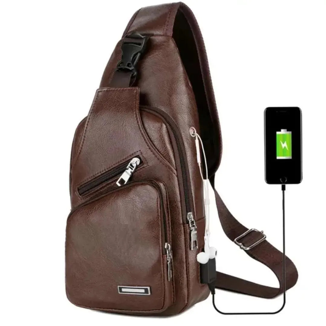 Simple and Fashion Casual Solid Document Shoulder Bag PU Multifunctional USB Charging Zipper Chest Bag