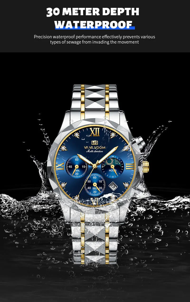 VA VOOM-Montre à quartz en acier inoxydable étanche pour homme, montres multifonctionnelles, date haut de gamme, affaires, marque de mode