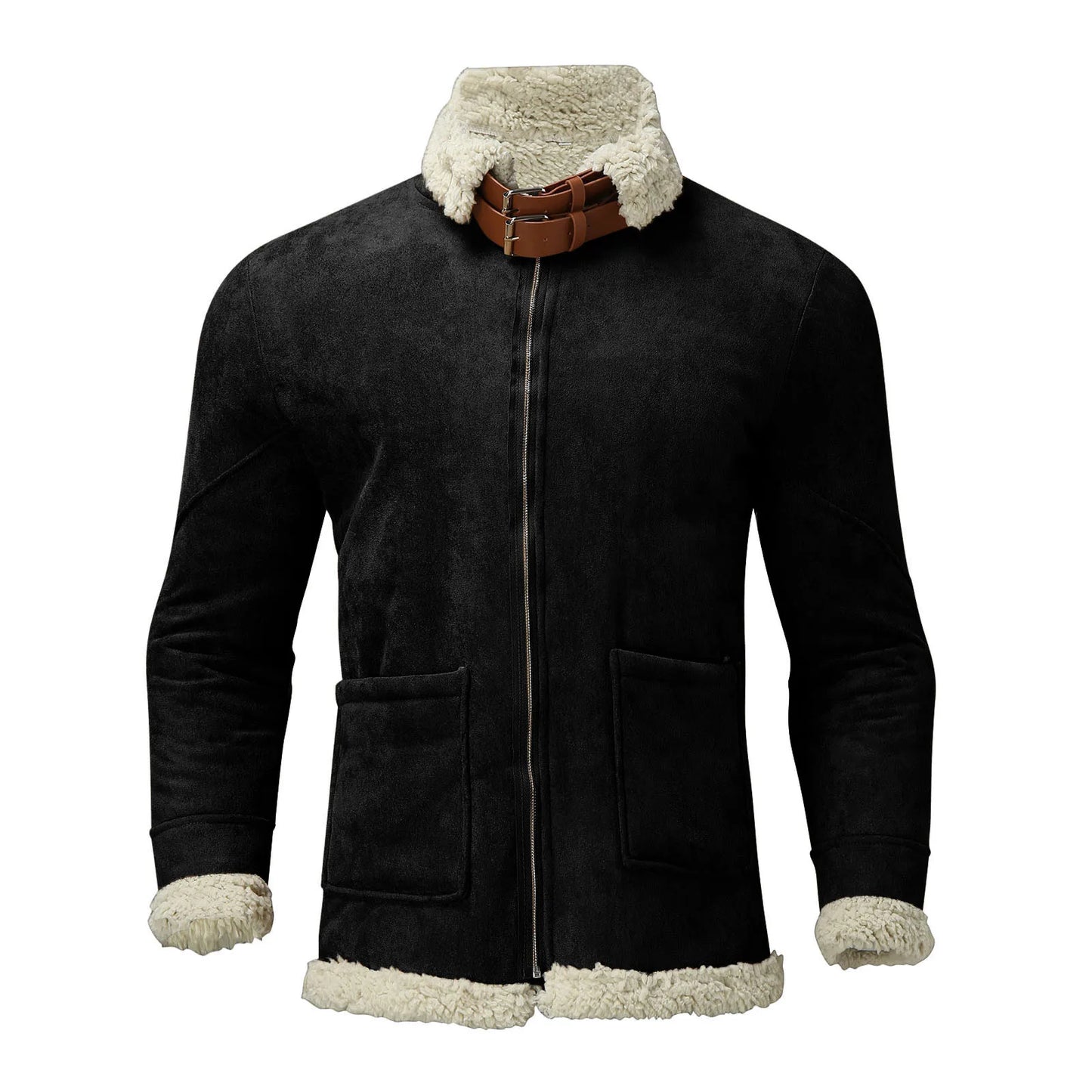 Veste en peluche décontractée pour homme avec poches, manteau en laine, manches longues, col rabattu, fermeture éclair document, solide, chaud