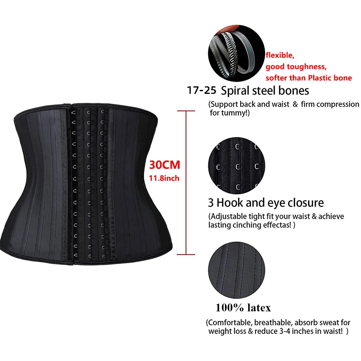 Corset de torse de 30 cm pour femmes, ceinture de taille en latex, bande serrée, silhouette mince, gestionnaire de taille, 25 os en acier, bande abdominale