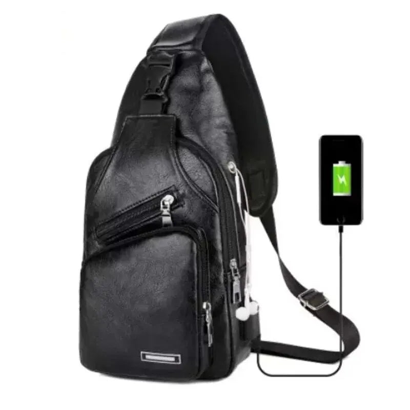 Simple and Fashion Casual Solid Document Shoulder Bag PU Multifunctional USB Charging Zipper Chest Bag