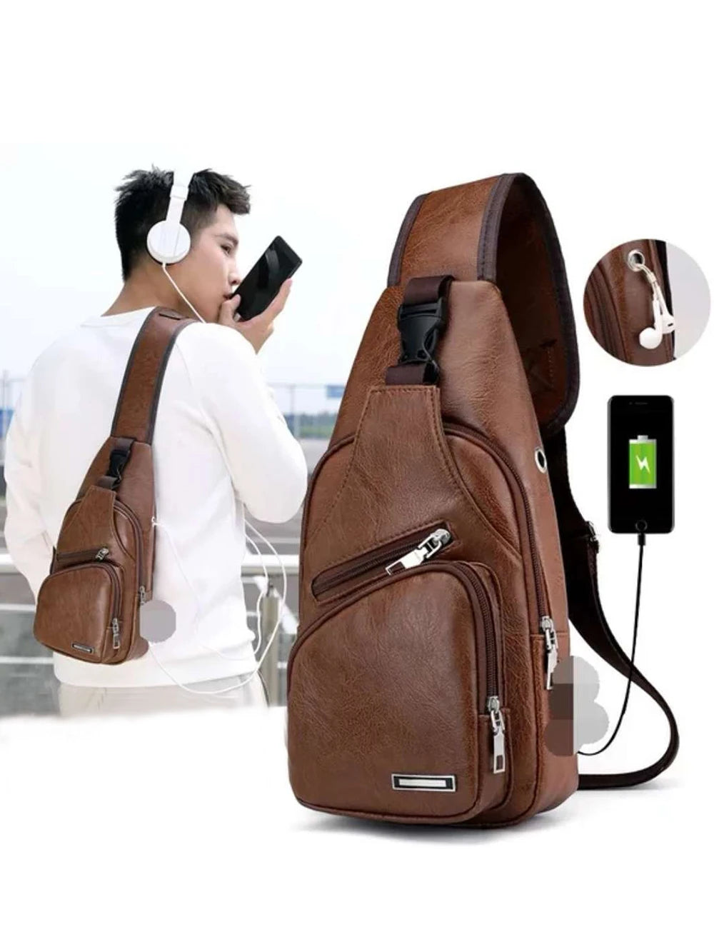 Simple and Fashion Casual Solid Document Shoulder Bag PU Multifunctional USB Charging Zipper Chest Bag