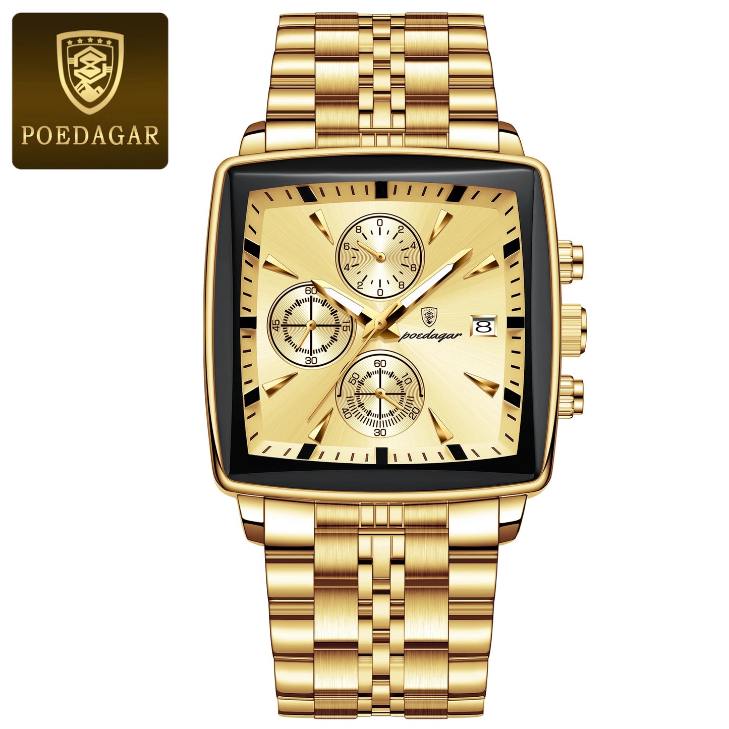 POEDAGAR-Men's Quartz Watch Stainless Steel Waterproof Clock Shoous Calendar Chronograph Square Business Watch