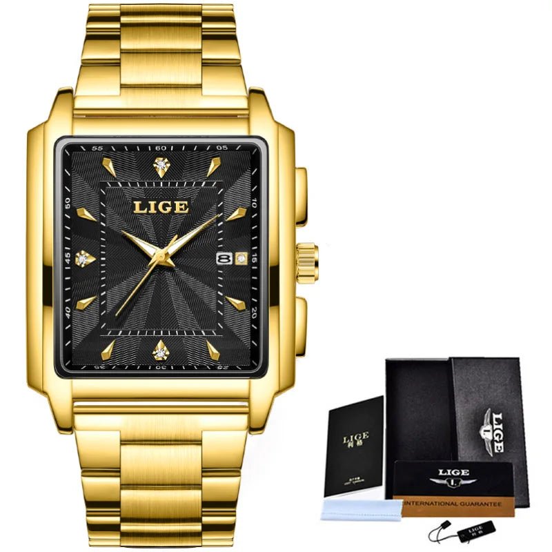 Montre à Quartz Dorée LIGE pour Hommes - Carrée, de Luxe, avec Bracelet en Acier Inoxydable LA TendanceStore multi service